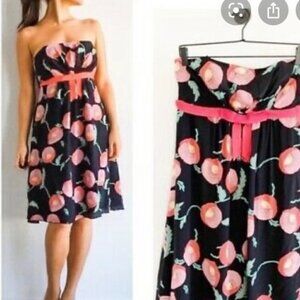 ANNA SUI FOR ANTHROPOLOGIE RARE Black Floral Poppy Strapless Fit & Flare Dress
